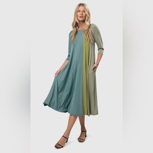 ALEMBIKA TRICOLOR TRAPEZE MAXI DRESS, TEAL/CELERY
